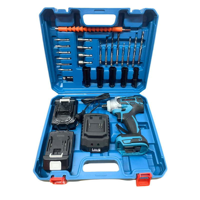 Llave Pistola De Impacto Inalámbrica + Kit Súper Completo con 2 Baterías
